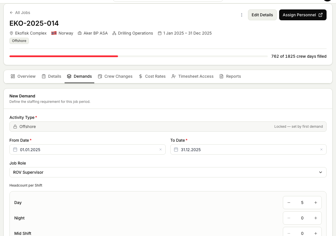 The New Demand form on a job's Demands tab, with the locked activity type, the from and to dates, the job role, and the Headcount per Shift steppers for Day, Night, and Mid Shift.