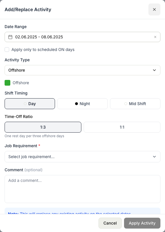 The Add/Replace Activity panel with the date range, the activity type selector, the shift timing and time-off ratio options, and the job requirement and comment fields.