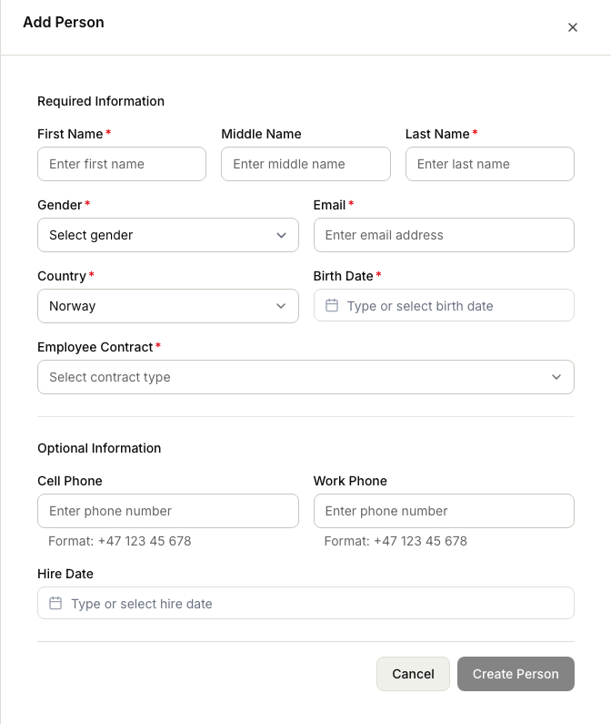 The Add Person panel with the required first, middle, and last name, gender, email, country, birth date, and employee contract fields, and the optional phone and hire-date fields, with Cancel and Create Person buttons.