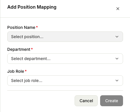 The Add Position Mapping panel with the position name, department, and job role selectors and the Cancel and Create buttons.
