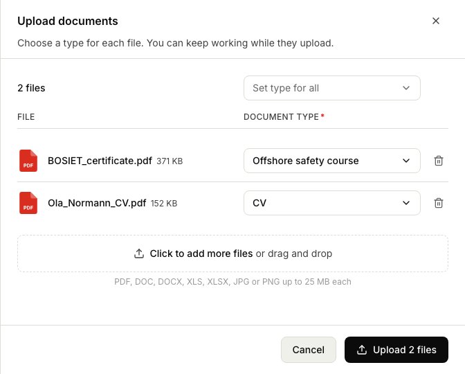 The Upload documents panel listing two dropped files with a Document type chosen for each, and the Upload 2 files button.