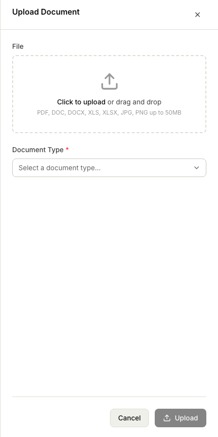 The Upload Document panel with the file drop zone and the Document Type selector for choosing the document type, and the Cancel and Upload buttons.