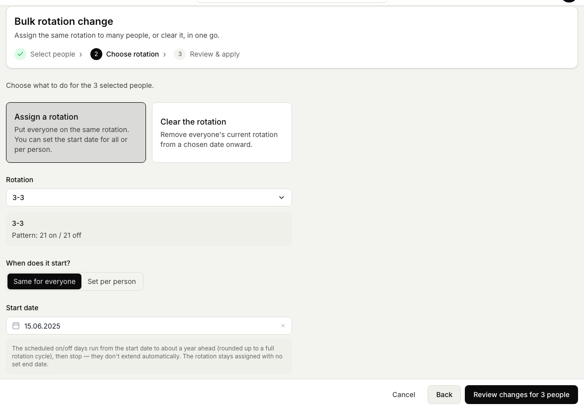 The Bulk rotation change wizard on the Choose rotation step for the selected people, with the Assign a rotation option, the chosen rotation and its on/off pattern, the start-date mode, and the start date.