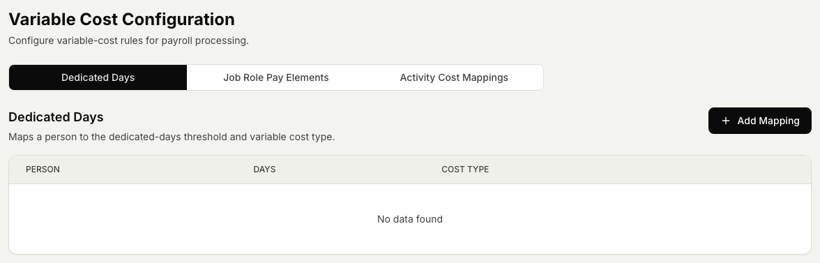 The variable-cost payroll setup with tabs for Dedicated Days, Job Role Pay Elements, and Activity Cost Mappings, showing the Dedicated Days mapping table and its Add Mapping button.