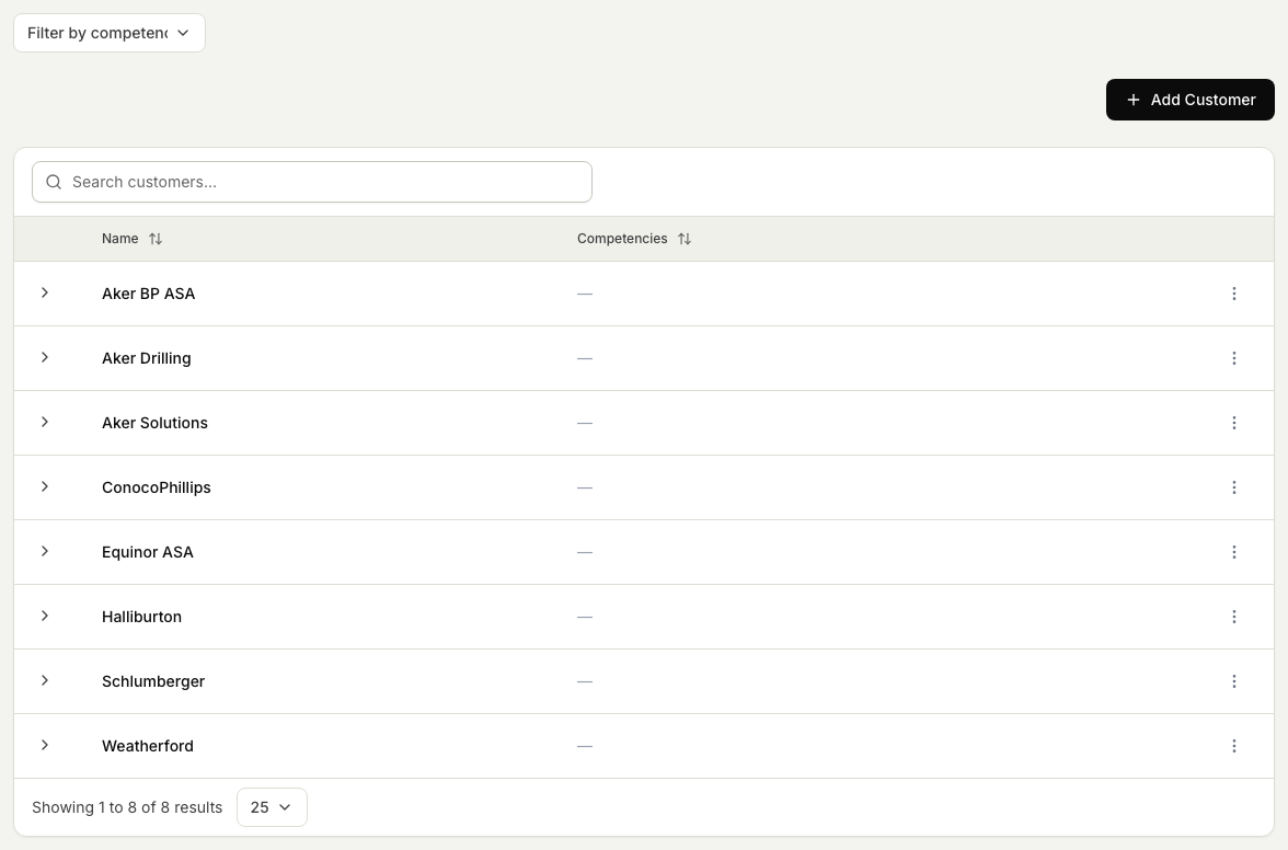 The Customers settings page listing the configured customers by name, with the search box and Add Customer button.