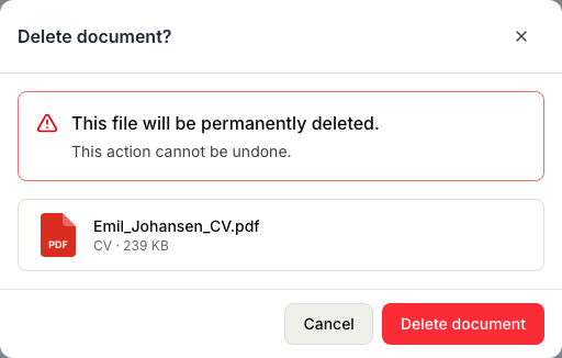 The confirmation to delete one document, with a warning that the file will be permanently deleted, the file's name, type and size, and the Delete document button.