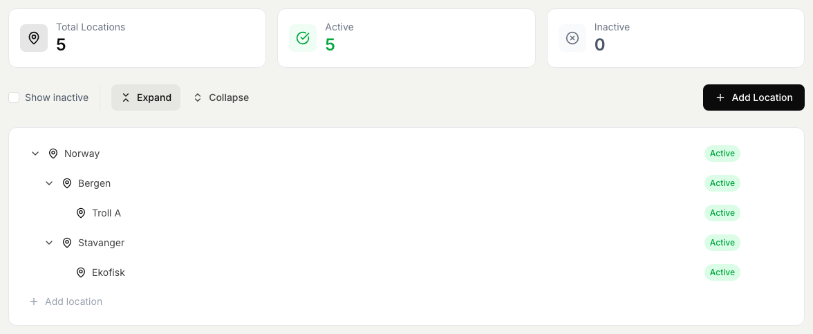 The Locations settings with the total, active, and inactive counts and the location tree expanded to show Norway with Stavanger, Ekofisk, Bergen, and Troll A, plus the Add Location button.