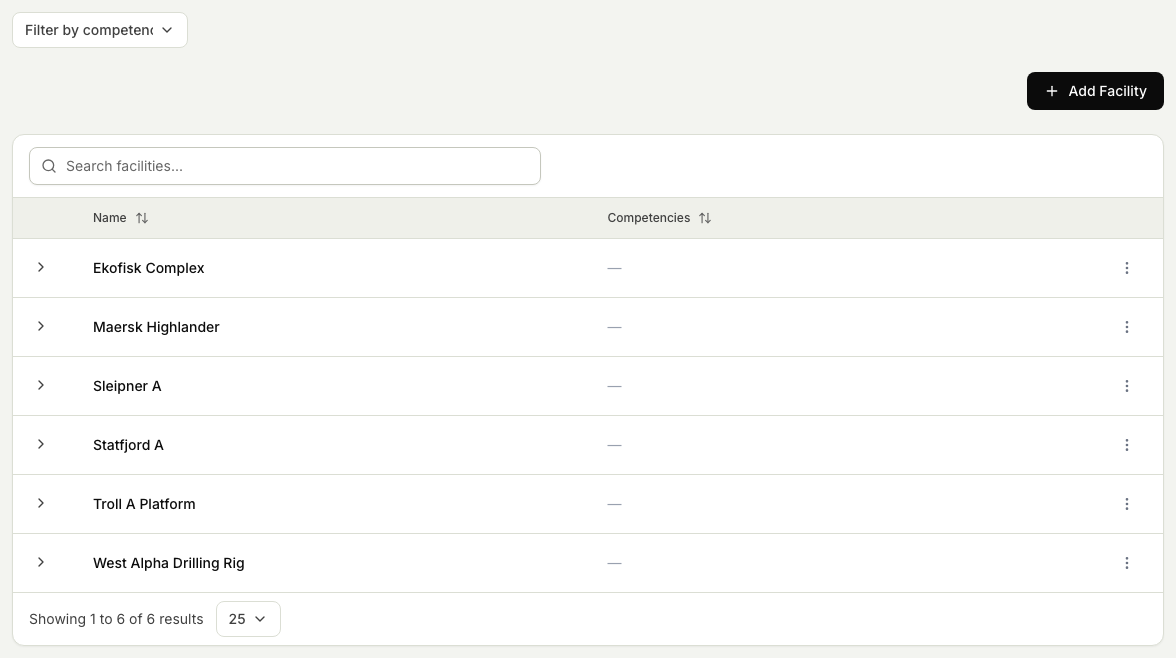 The Facilities settings page listing the configured installations by name, with the search box and Add Facility button. Job Roles and Job Types are set up on their own pages the same way.