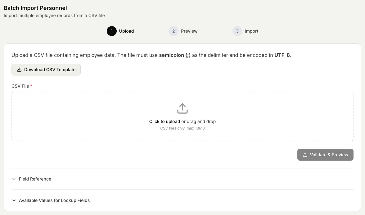 The Batch Import Personnel wizard on the Upload step, with the Upload, Preview, and Import stages, the CSV format requirements, the Download CSV Template button, and the file drop zone. Column matching and the row preview open on the next step once you upload a file.