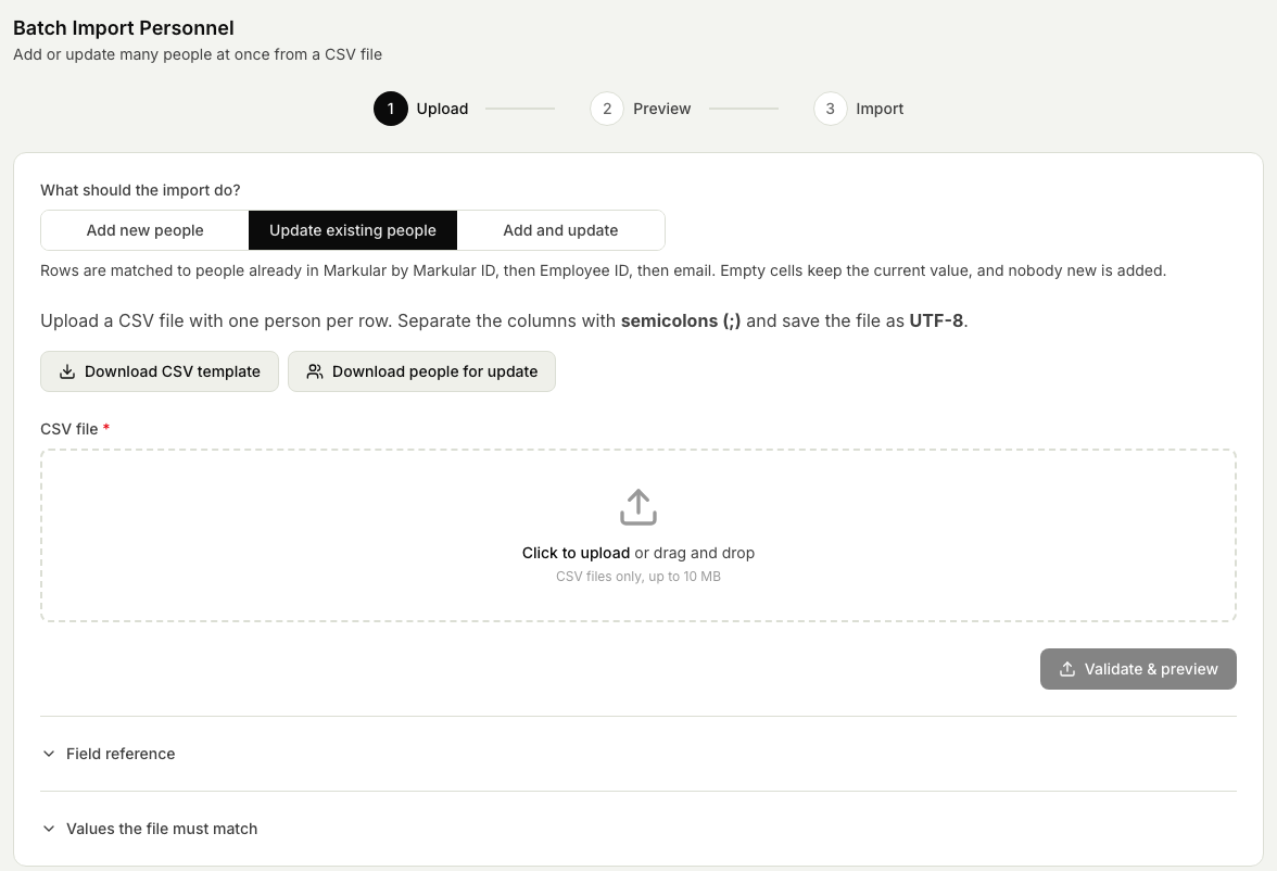 The Batch Import Personnel wizard on the Upload step with Update existing people selected, the explanation of how rows are matched to people, and the Download CSV template and Download people for update buttons.