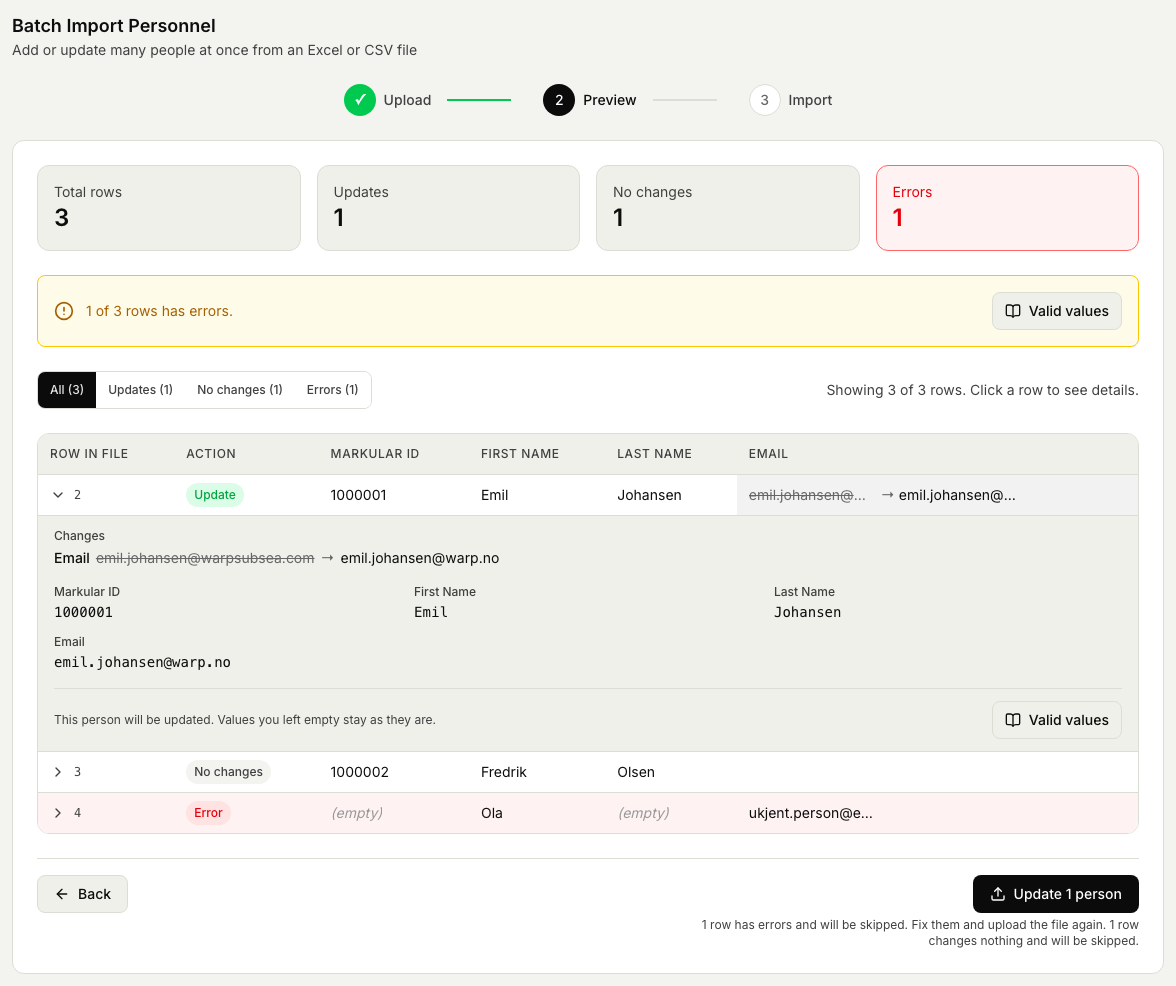 The preview of an update file, with counters for updates, rows without changes and errors, one row per person with its action, and the updated row opened to show the old email struck through next to the new one.
