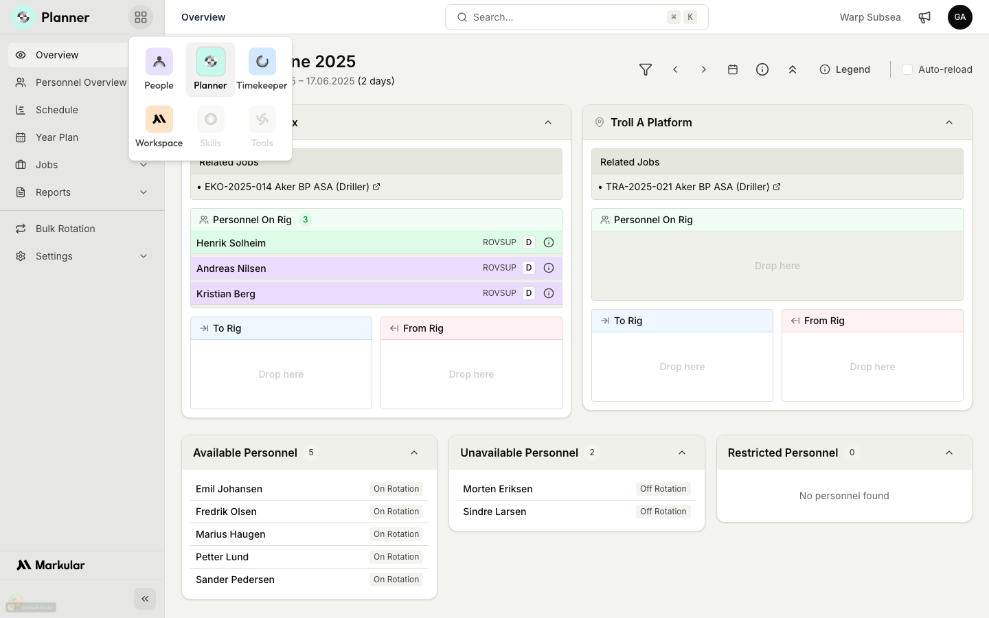 The module switcher open from the sidebar, showing the People, Planner, Timekeeper, and Workspace modules with the current module highlighted.