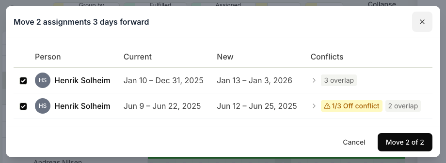 The move preview dialog for two selected assignments, showing each person's current and proposed new dates and whether the move is OK or blocked by a conflict, before confirming.