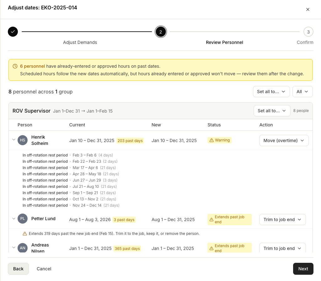 The Review Personnel step of a job move, with a warning banner and a table of affected people showing their current and new dates, a status such as a warning or extends-past-job-end, and a per-person action, with one row expanded.