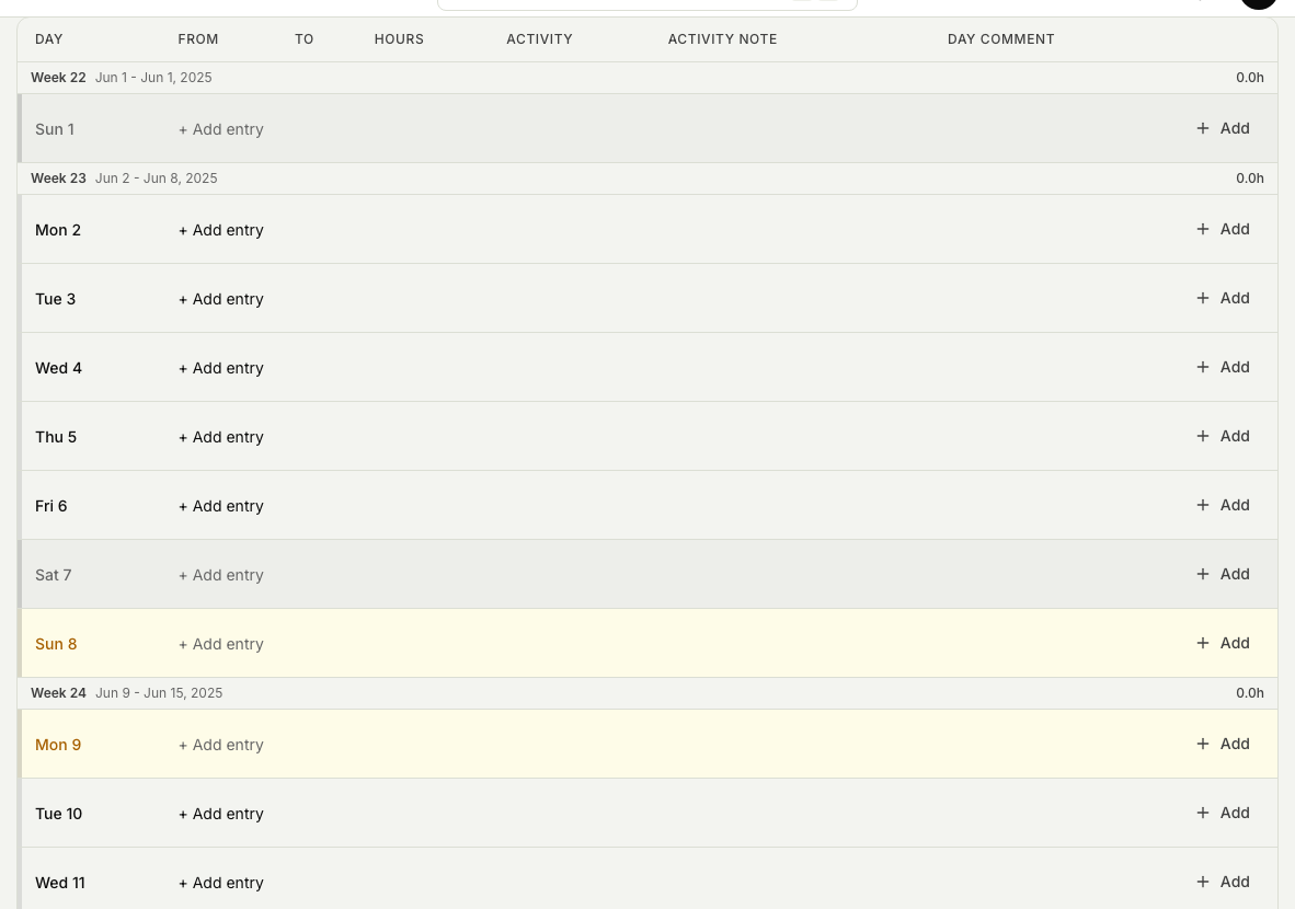 An empty onshore timesheet grid for the month, with a row per day (From, To, Hours, Activity, Note, Comment) and an Add entry action, ready for daily hours to be typed in.