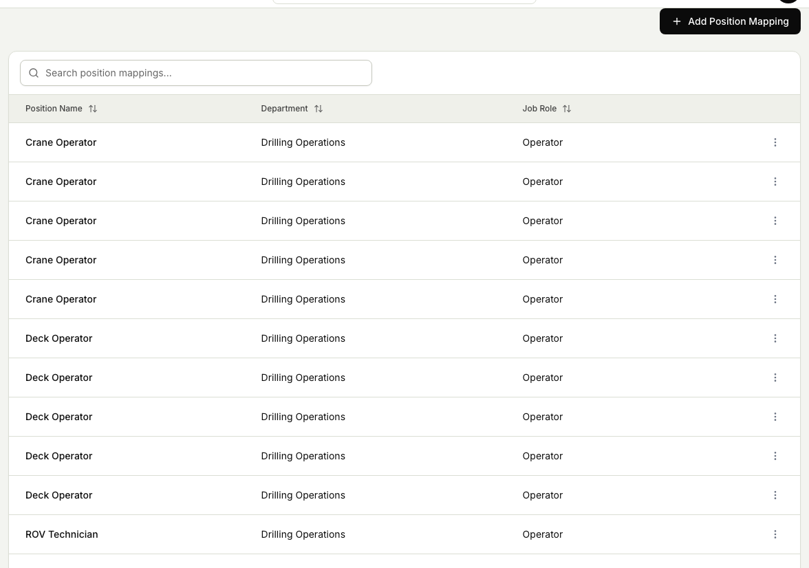 The Position Mappings settings page listing each position name with the department and job role it maps to, plus the search box and Add Position Mapping button.