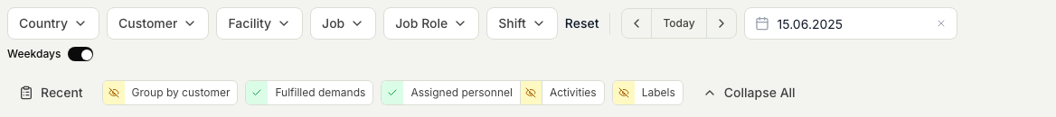 The schedule filter bar with the Country, Customer, Facility, Job, Job Role, and Shift filters, the date navigation, and the grouping and label toggles.