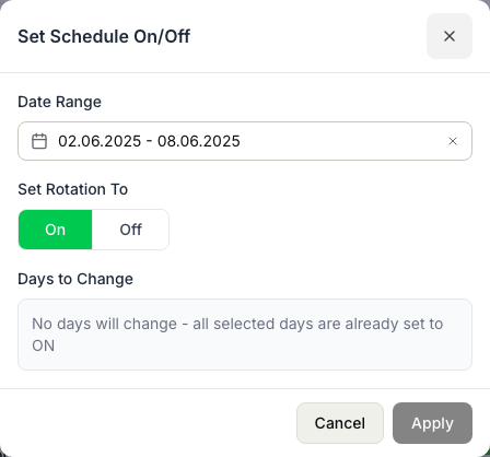 The Set Schedule On/Off dialog with a date range selected, the On and Off toggle, and a preview of how many days will change.