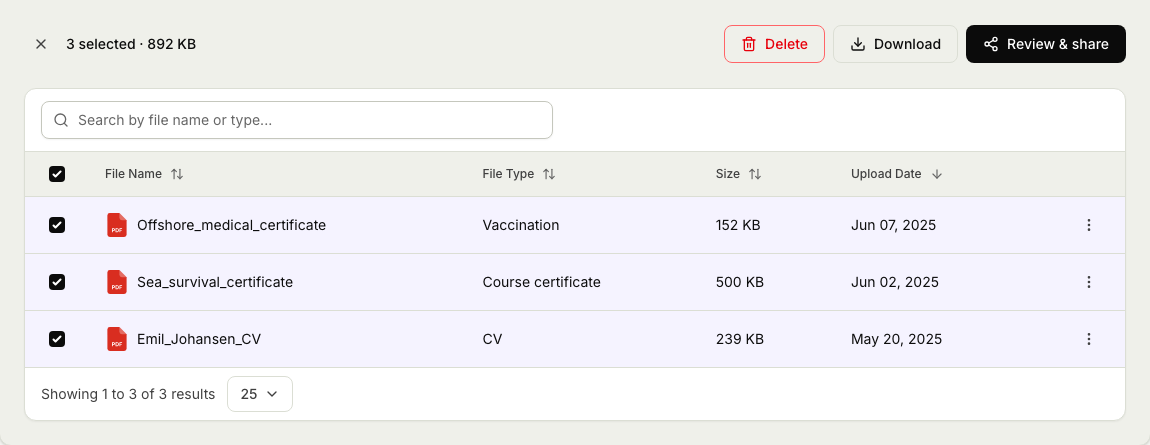 The Documents list with three documents ticked, and the bar above it showing "3 selected" with the Delete, Download and Review & share buttons.
