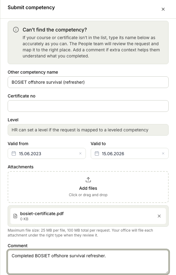 The Submit competency form with the competency name, certificate number, valid-from and valid-to dates, a comment, and a certificate file attached in the Attachments area.