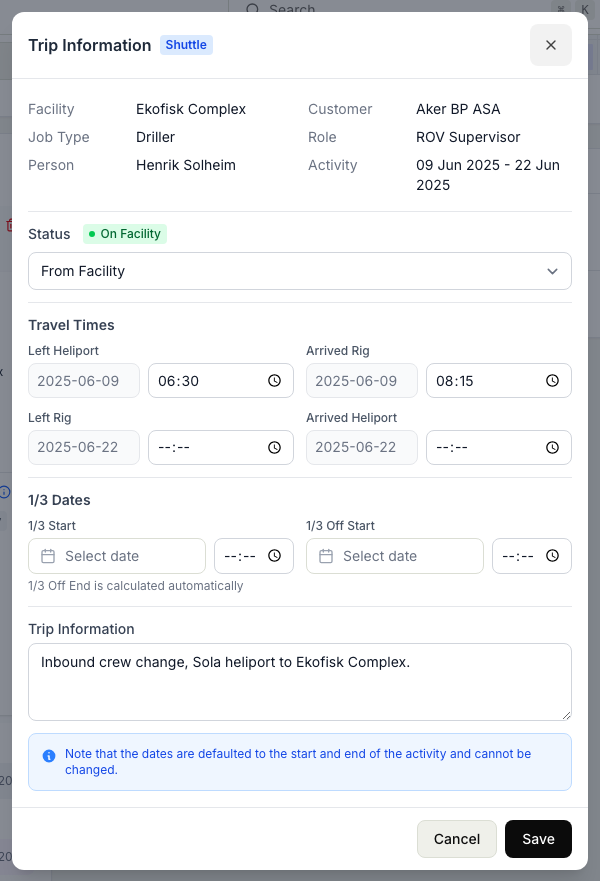 The editable Trip Information dialog for a person's trip, its Status showing the current stage with a dropdown set to the next stage to move to, and the travel-time fields and Save action below.