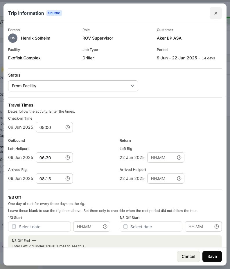 The editable Trip Information dialog for a person's trip, its Status showing the current stage with a dropdown set to the next stage to move to, and the travel-time fields and Save action below.