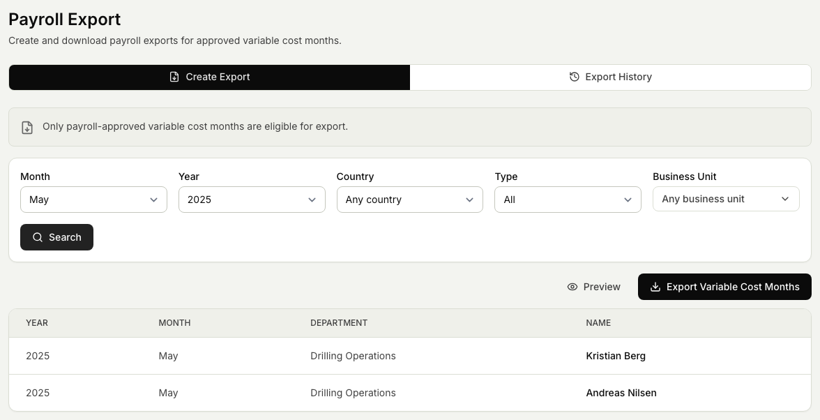 The Payroll Export screen on the Create Export tab: filters for month, year, country, type and business unit above the Preview and Export Variable Cost Months actions, with the payroll-approved months listed below ready to export.