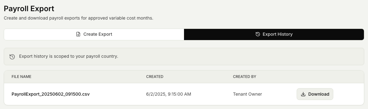 The Export History tab of the Payroll Export screen, listing a previously generated payroll export file with its file name, creation date, creator and a Download action.