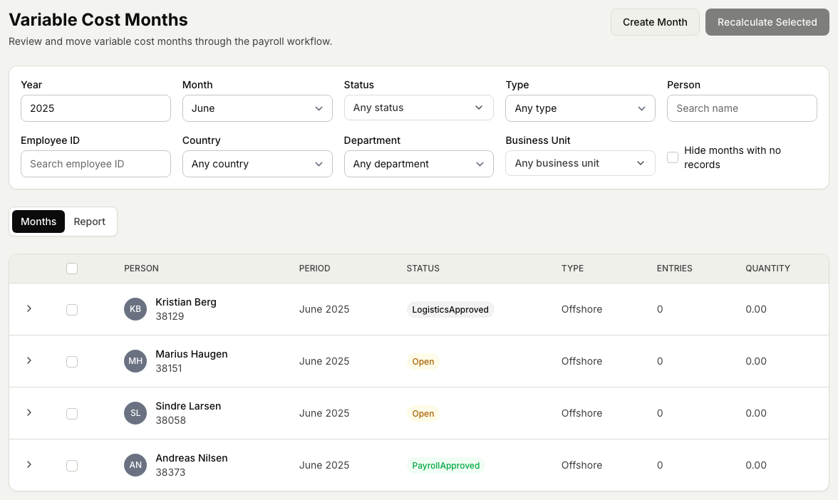 The Variable Cost Months worklist for June 2025 with a row per person showing its status (Open, LogisticsApproved, PayrollApproved), the period and type, and the Create Month and Recalculate Selected actions.