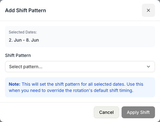 The Add Shift Pattern dialog with the selected date range shown and the shift pattern selector for overriding the rotation's default shift timing.