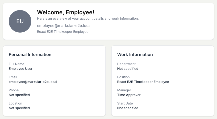 Profilsiden i arbeidsområdet med velkomstoverskrift som viser personens navn, e-post og stilling, et Personal Information-kort med fullt navn, e-post, telefon og sted, og et Work Information-kort med avdeling, stilling, leder og startdato.